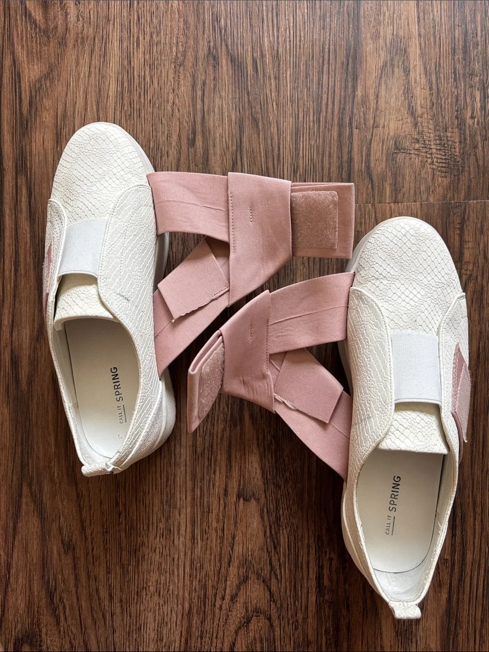 Call It Spring Platform Sneakers White Snakeskin Blush Pink Elastic Cross Strap